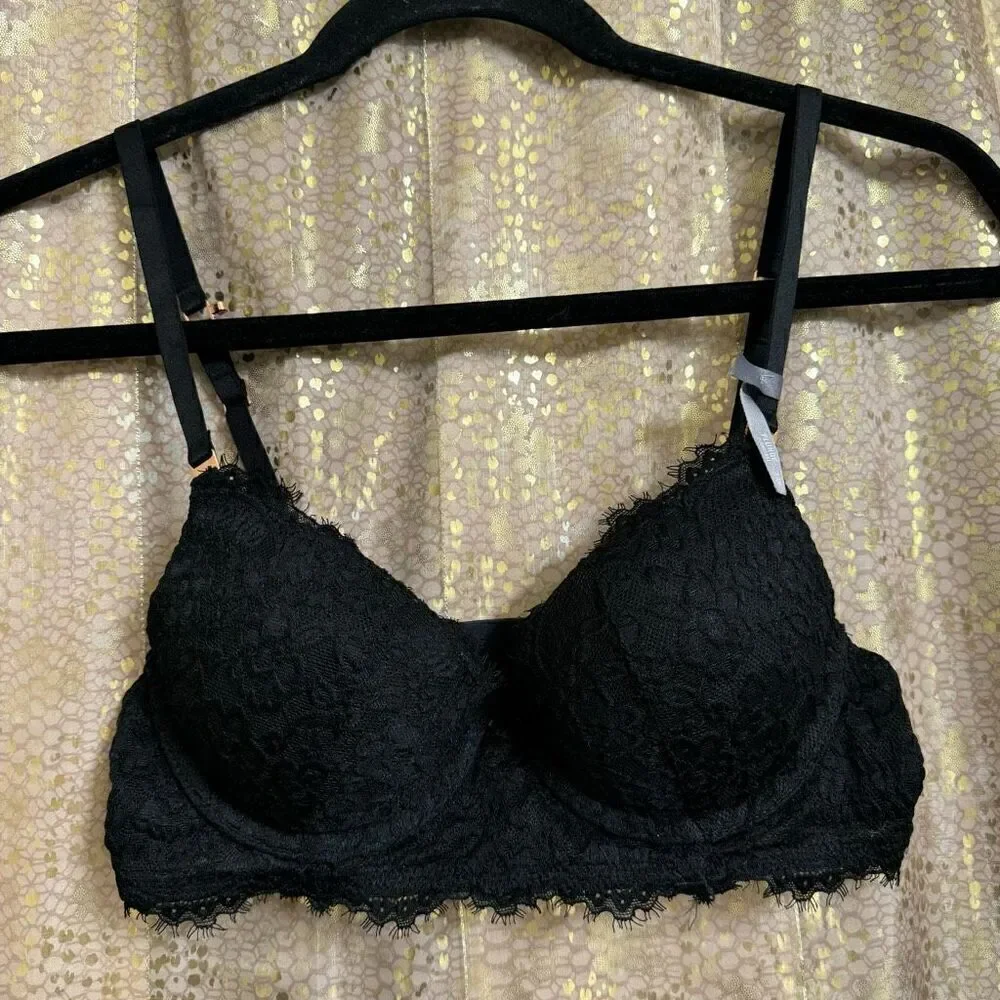 Aerie True Black Show Off Eyelash Lace Plunge Push Up Bra 32B NWT